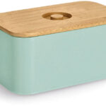 ZELLER Chlebník kovový s bambusovým víkem, mint, 30 × 18 × 14 cm